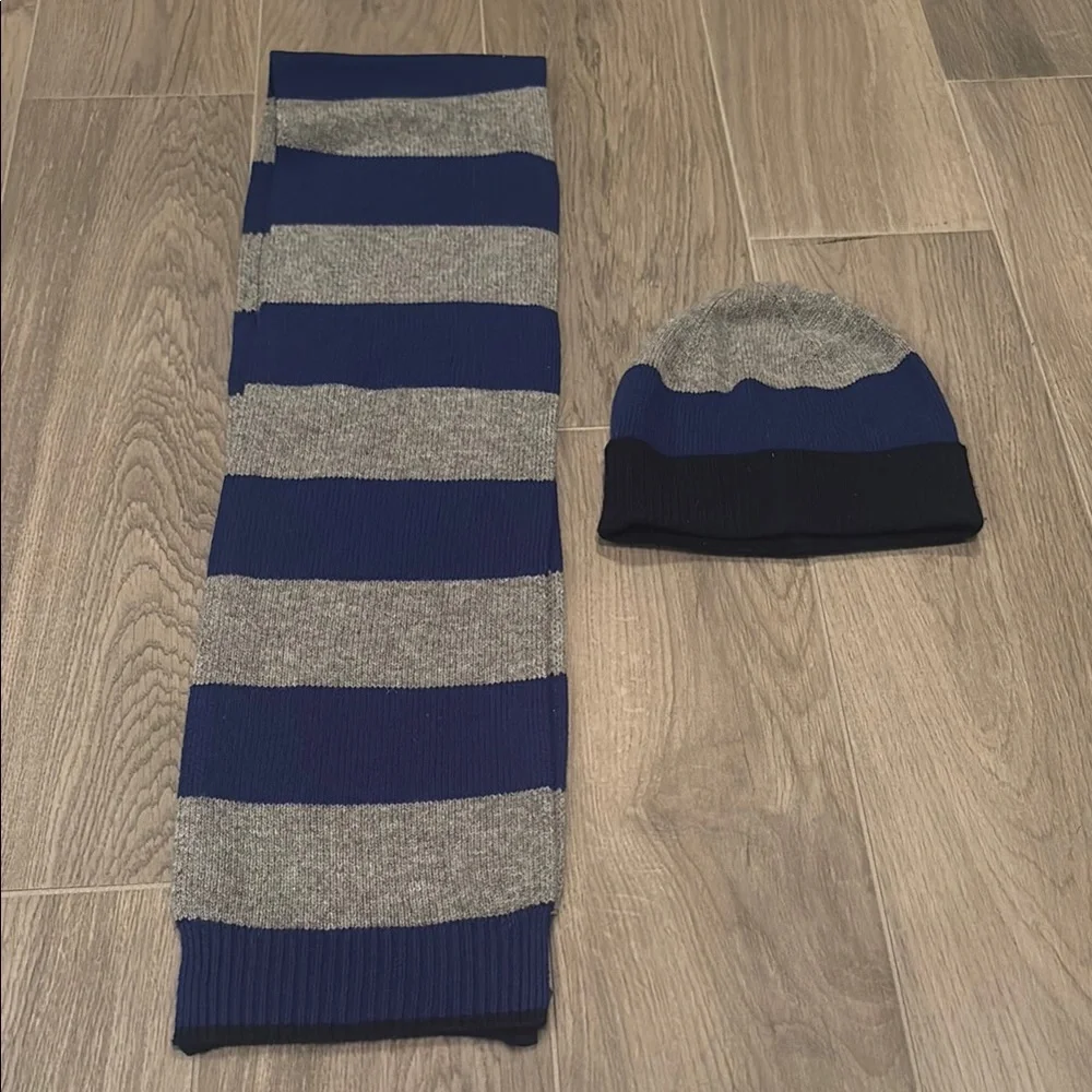 CrewCuts Striped Blue and Gray Kids Scarf and Beanie Set Size L/XL